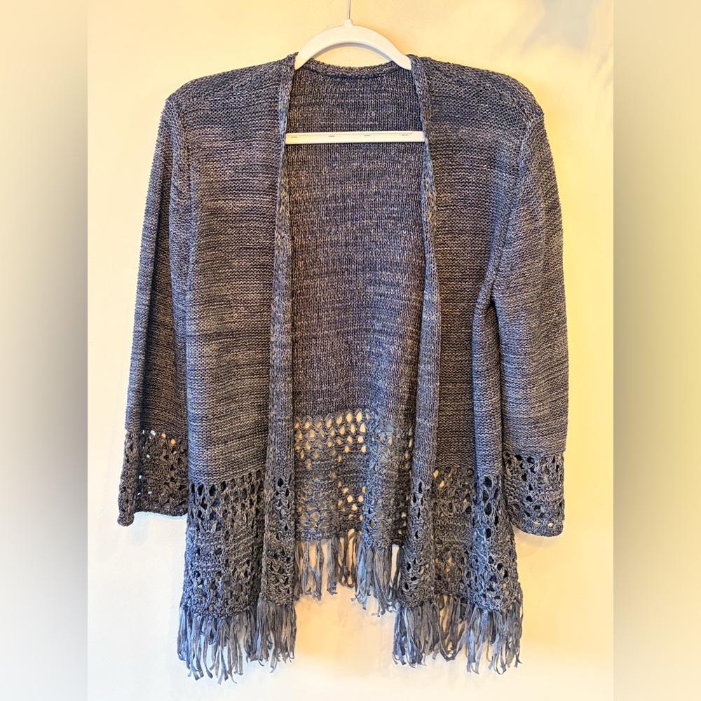 STYLE & CO. Open-Front Fringe Knit Cardigan Sweater - Navy